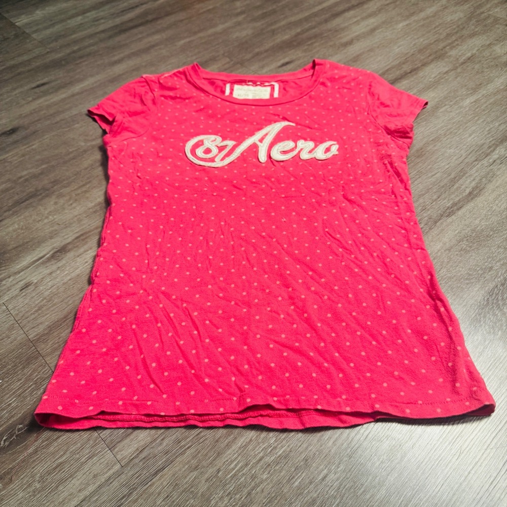 Y2K Aeropostale Womens Pink Polka Dot 87 Aero Graphic T-Shirt XL Slim Fit Cotton